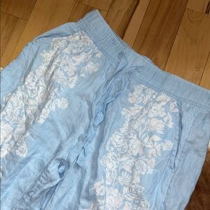 Joie Light Blue floral 100% Linen Elastic-Waist Pants